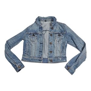 American Eagle Distressed Denim Blue Jean Jacket Women's Size Small Petite